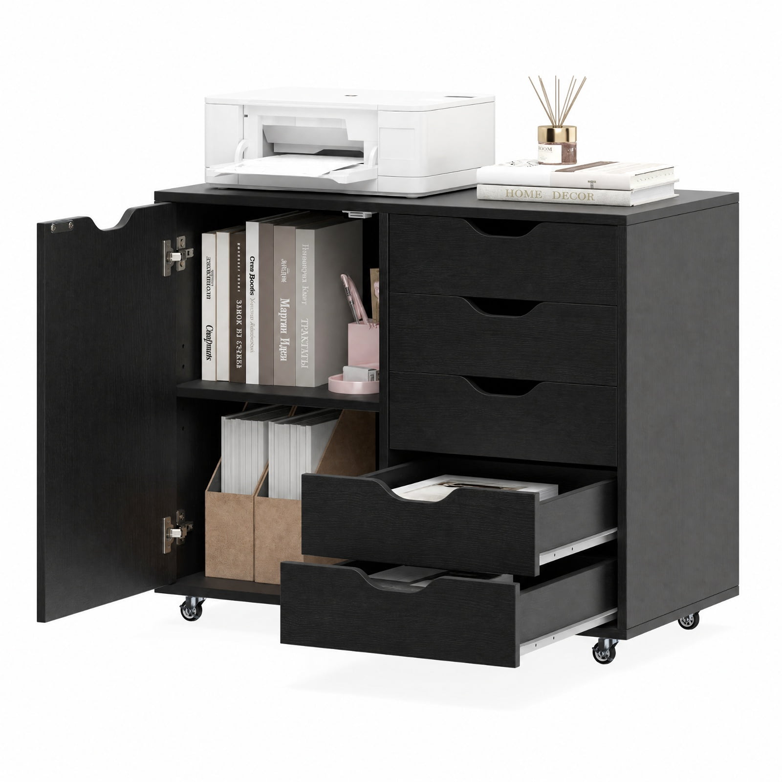 Furnibear 5-Drawer Rolling Storage Cart with Side Cabinet for Home Office Filing Document Letter Legal Storage, Black