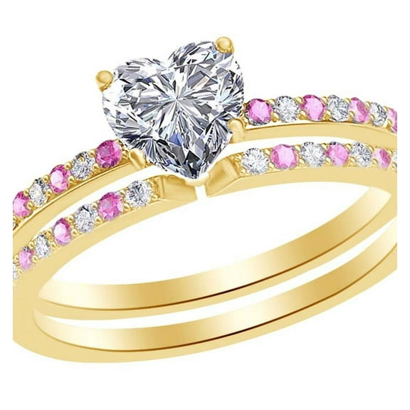 AFFY 0.74 Ct Simulated Pink Tourmaline & White Natural Diamond Heart Wedding Band Ring Set in 14k Yellow Gold Ring Size - 9