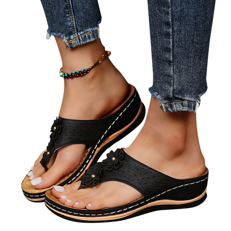 adviicd Wedge Sandals for Womens Yoga Sandals Comfy Slider Wedges Toe  Sandals Summer Support T Flops Bottomed Slip Strap Women Leather Sandals  Women 