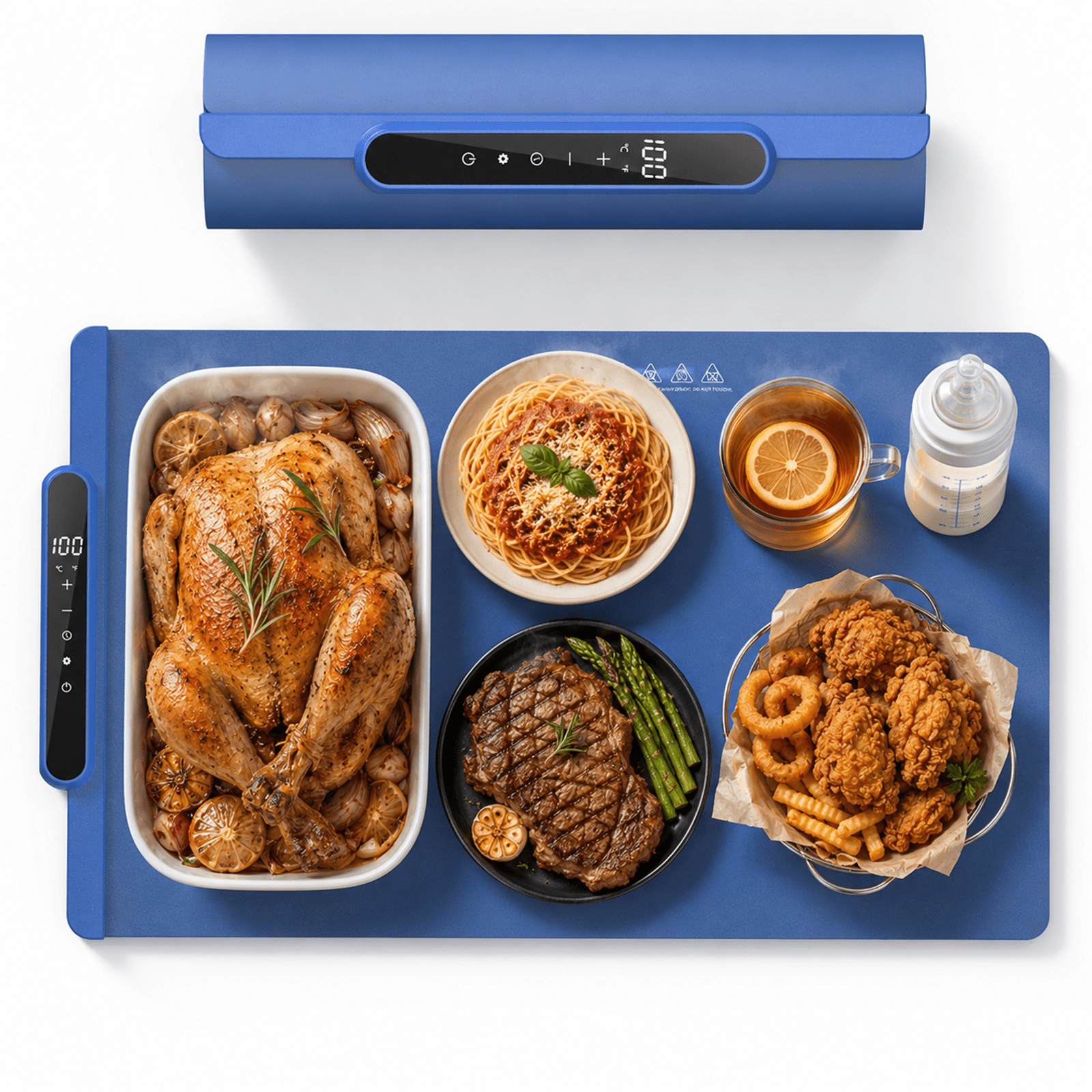 GOLDLEMON Electric Warming Mat for Food, 25.6"x15" Large Food Warmer & Hot Plate for Parties and Buffets, 6 Temp Settings & 10H Timer, Rollable Silicone Heating Pad, Auto Shut-Off, Blue