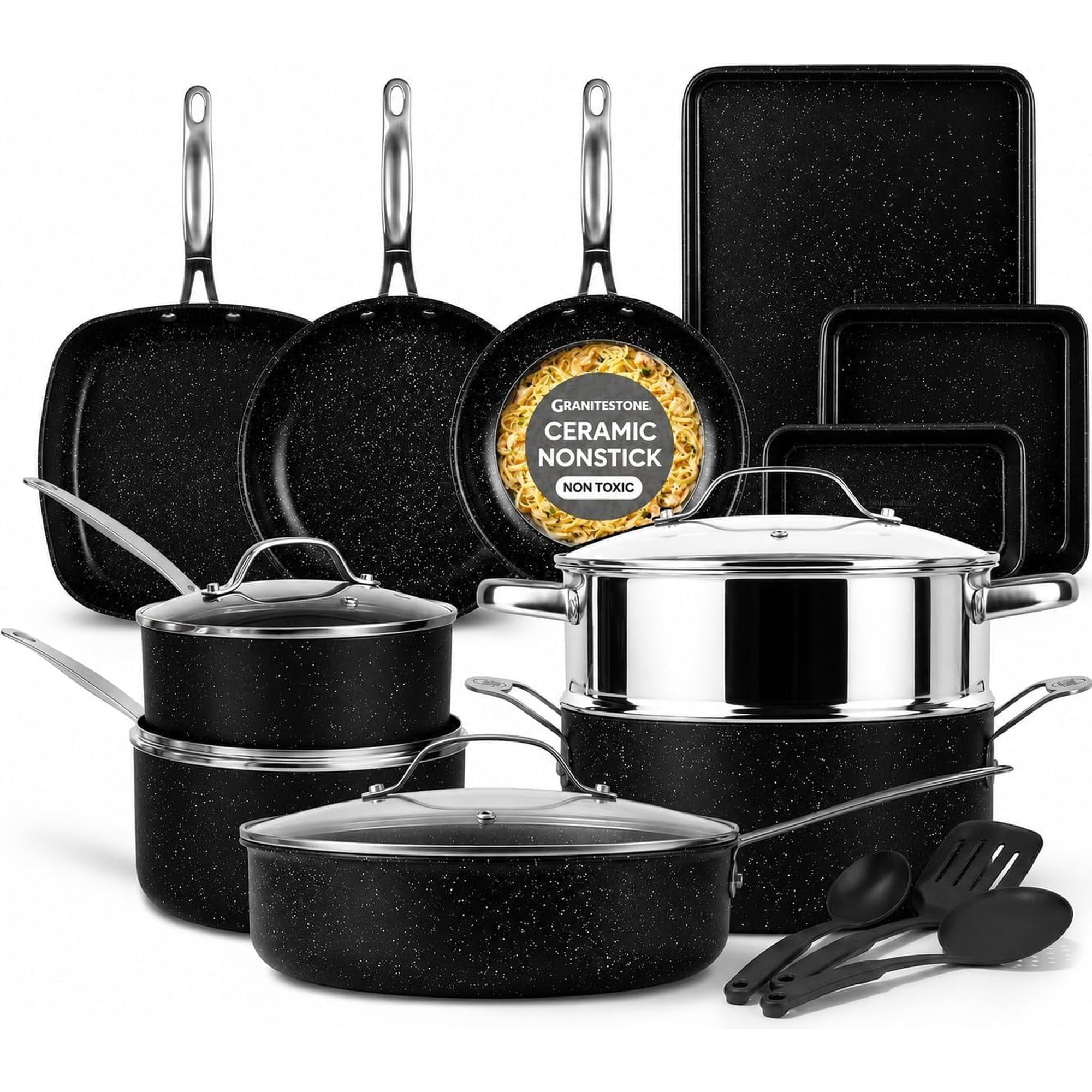 Granitestone 20 Pc Pots and Pans Set Non Stick, Complete Ceramic Cookware Set with Deep Frying Pan, Bakeware and Utensils, Oven & Dishwasher Safe, Black