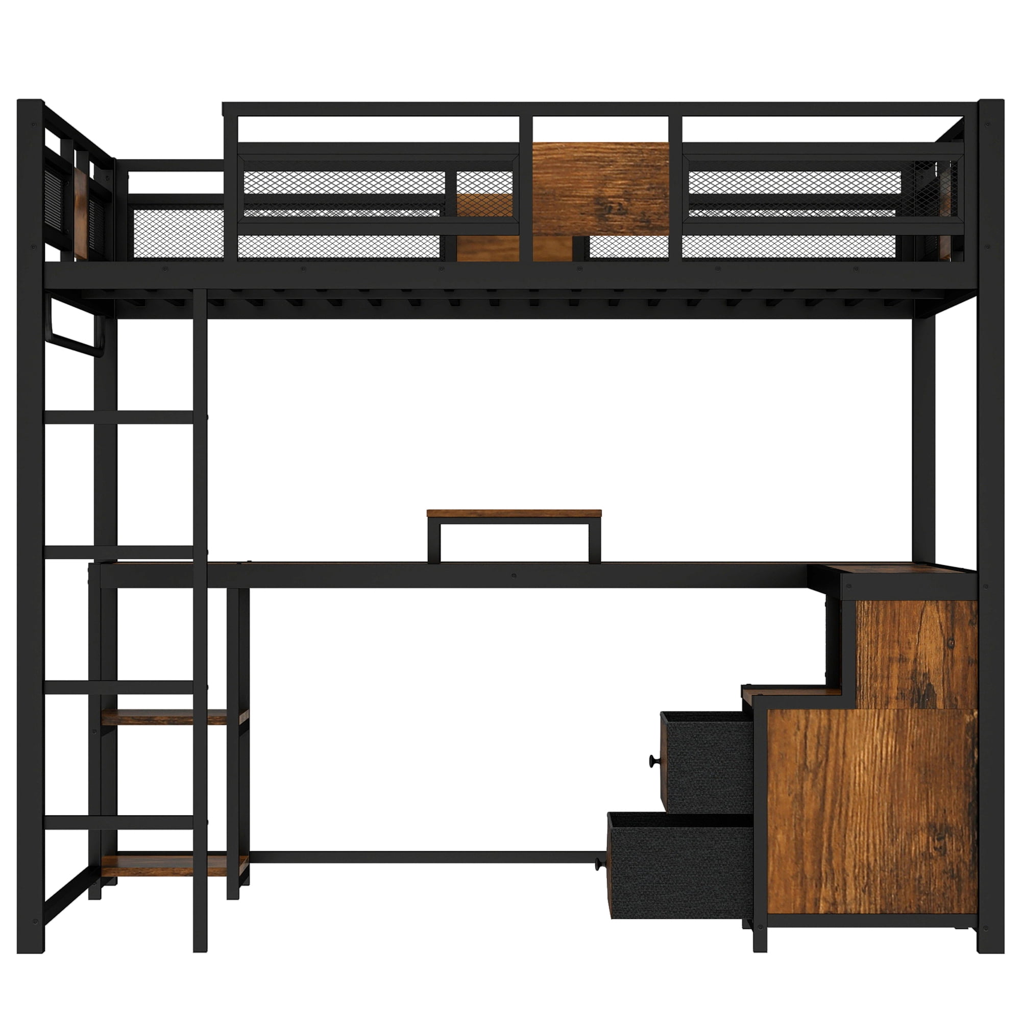 Leumius Queen Size Loft Bed with L Shape Desk,Metal Loft Bed Frame and Storage Drawers and Ladders,Nosie-Free,No Spring Box Needed,Black