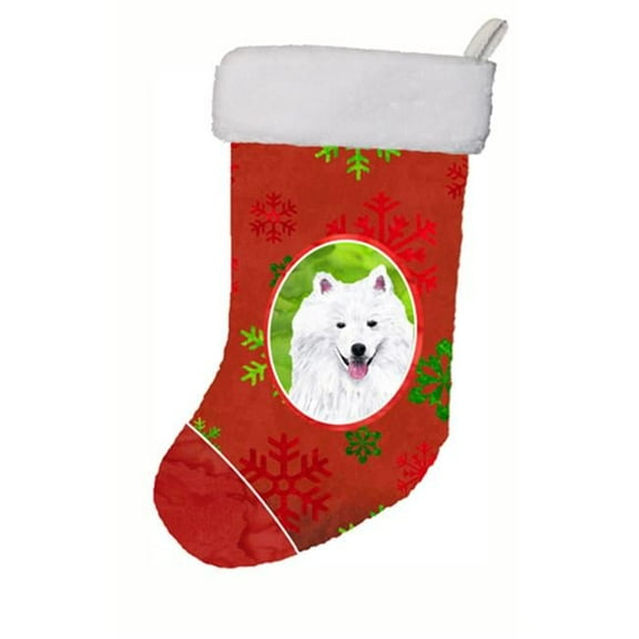 11 x 18 in. American Eskimo Red And Green Snowflakes Holiday Christmas Stocking
