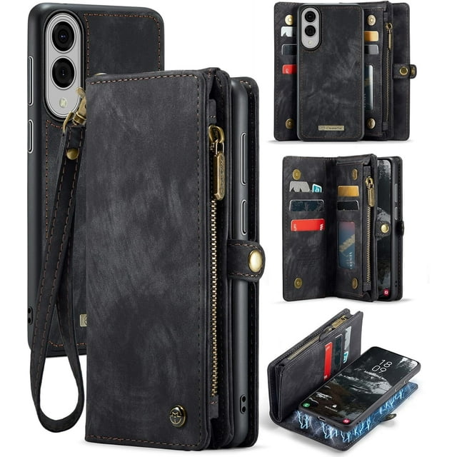Funda tipo cartera para Samsung Galaxy S25 Edge, con cremallera, tarjetero, correa para la muñeca, funda protectora trasera magnética desmontable a prueba de golpes para Galaxy S25 Edge.