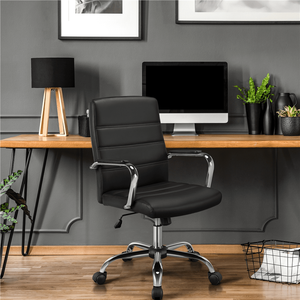 Alden Design Mid-Back Swivel PU Leather Office Chair for Home Office, Black