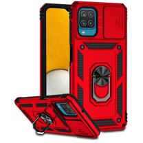 Galaxy A12 Case,Dteck Shockproof Rubber Rugged Case Hybrid Hard Ring Holder Kickstand Slide Camera Lens Protector Cover for Samsung Galaxy A12 6.5-inch,Red
