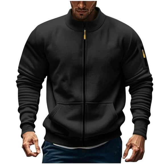 GuangCheng Mens Solid Color Zip-Up Hoodies,Casual Sweatshirt,with Pockets,Ribbed Cuffs,Hem Sporty Outerwear,Black,2XL
