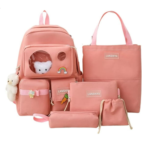 Kawaii Aesthetic Cute 5pcs School Bags Set with Accessories School Suppliers for Teens Girls Backpack Tote Bag (Pink)…
