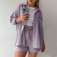 thumbnail image 2 of CHUOU Fashion Set Womens Shorts Set Long Sleeve Shirt Suit Shorts Two Piece Set Basic Shirt Top And Shorts Set, 2 of 5