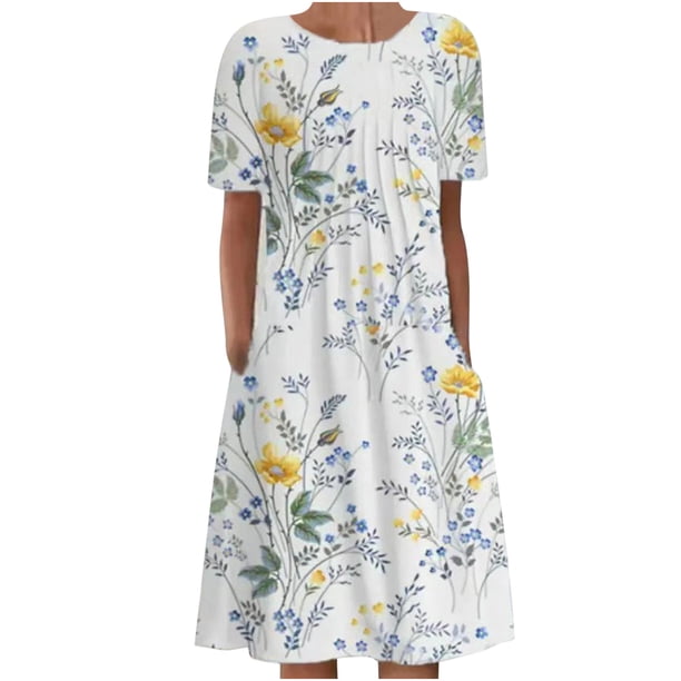 Vestidos estampados florales plegables de manga corta con cuello redondo informal de verano para mujer Fridja bnh3036