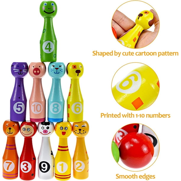 Juguete de bolos de madera con 10 bolos y 3 bolas, juegos de interior y exterior para ni?os - regalo para ni?os de 3 a 12 a?os (multicolor)