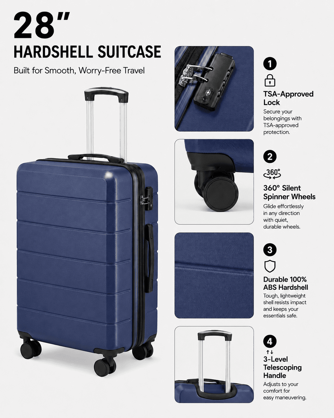 28" Checked Large Expandable Luggage,Hardside Spinner Suitcase with TSA Lock, Blue - EX-Lite