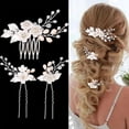 thumbnail image 2 of 3 Piece Flower Wedding Hair Pins Silver Leaf Bridal Hair Clips Headpiece Vintage Rhinestone Hair Comb Hair Accessories for Women and Bride, 2 of 4
