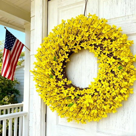Summer Front Door Wreath 18 Inch Yellow Forsythia Spring Door Wreath, Farmhouse Summer Door Wreath on Grapevines for Christmas Celebration Wall Window Decoration Hanging