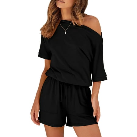 

UKAP Women Pajamas Jumpsuits Summer Sleepwear Romper Short Sleeve Nightwear Loungewear Black S