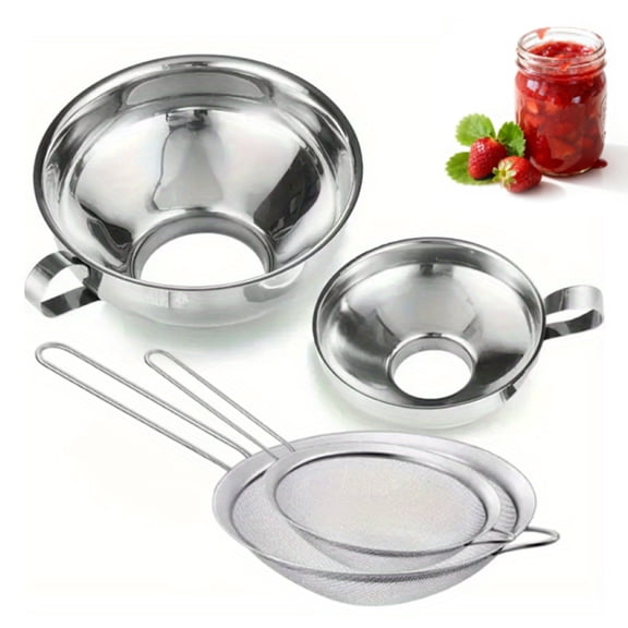 4 Pieces Stainless Steel Funnels with Fine Mesh Strainer, Household Kitchen Canning Funnels with Stainless Steel Colander