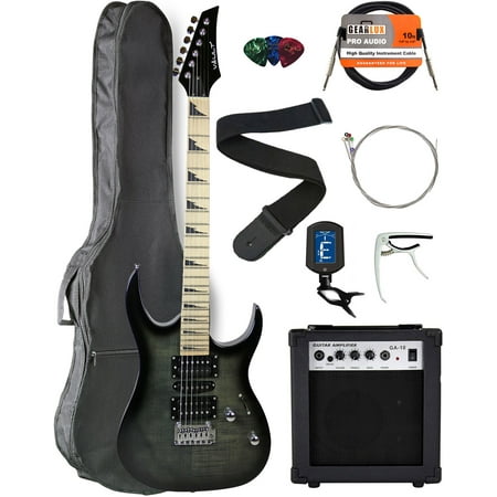 Maple Fretboard 6 String (Vault RG1-M Maple Fretboard Electric Guitar - Transparent Black with Amplifier, Instrument Cable, Gig Bag, Strap, Capo, Tuner, Strings, and)
