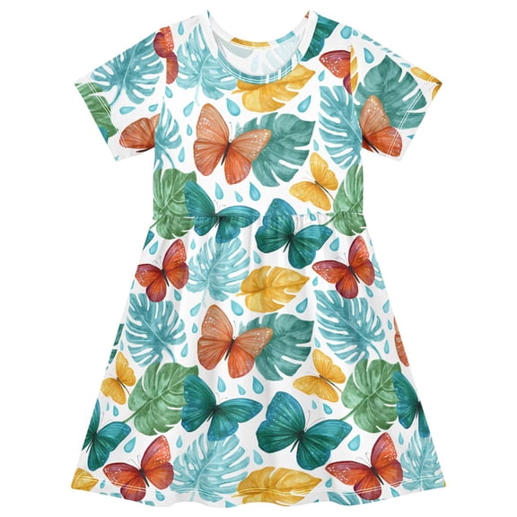 joogoo Butterfly Palm Leaves Girls' Short Sleeve Dress Kids Dresses 5-6T