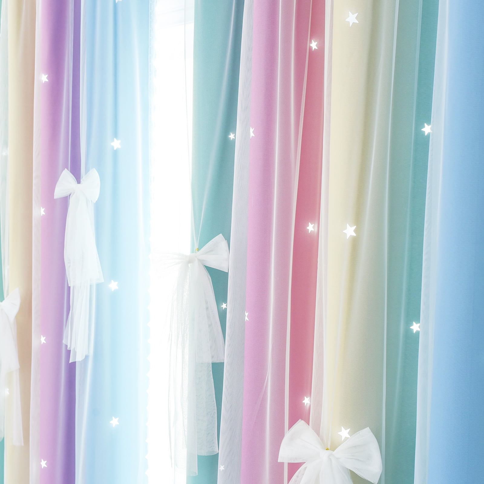 DONGPAI Blackout Stars Curtains for Kids Girls Bedroom Double Layers Star Cut Out Rainbow Curtains Home Window Decoration Curtain, 51" x 84", 1 Panel