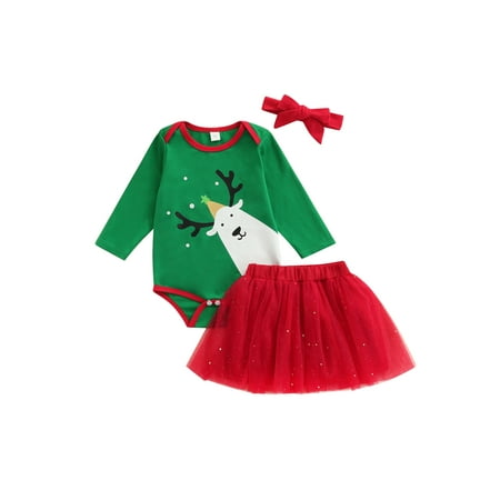 

3pcs Christmas Baby Girl Suit Elk Print Long Sleeve Romper Net Gauze Skirt With Bow Headdress 0-18M