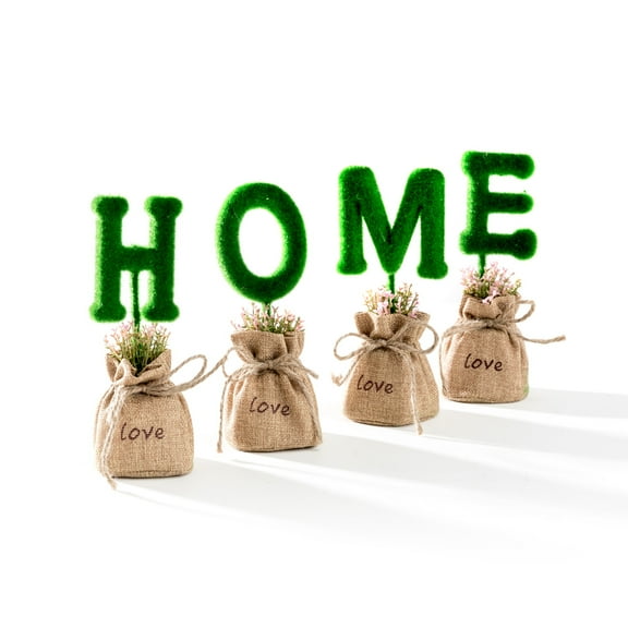 K-Cliffs 4pcs Artificial Plant Letters 7"  "HOME" Potted in Jute Sack,8L x 7.5W x 3H inches