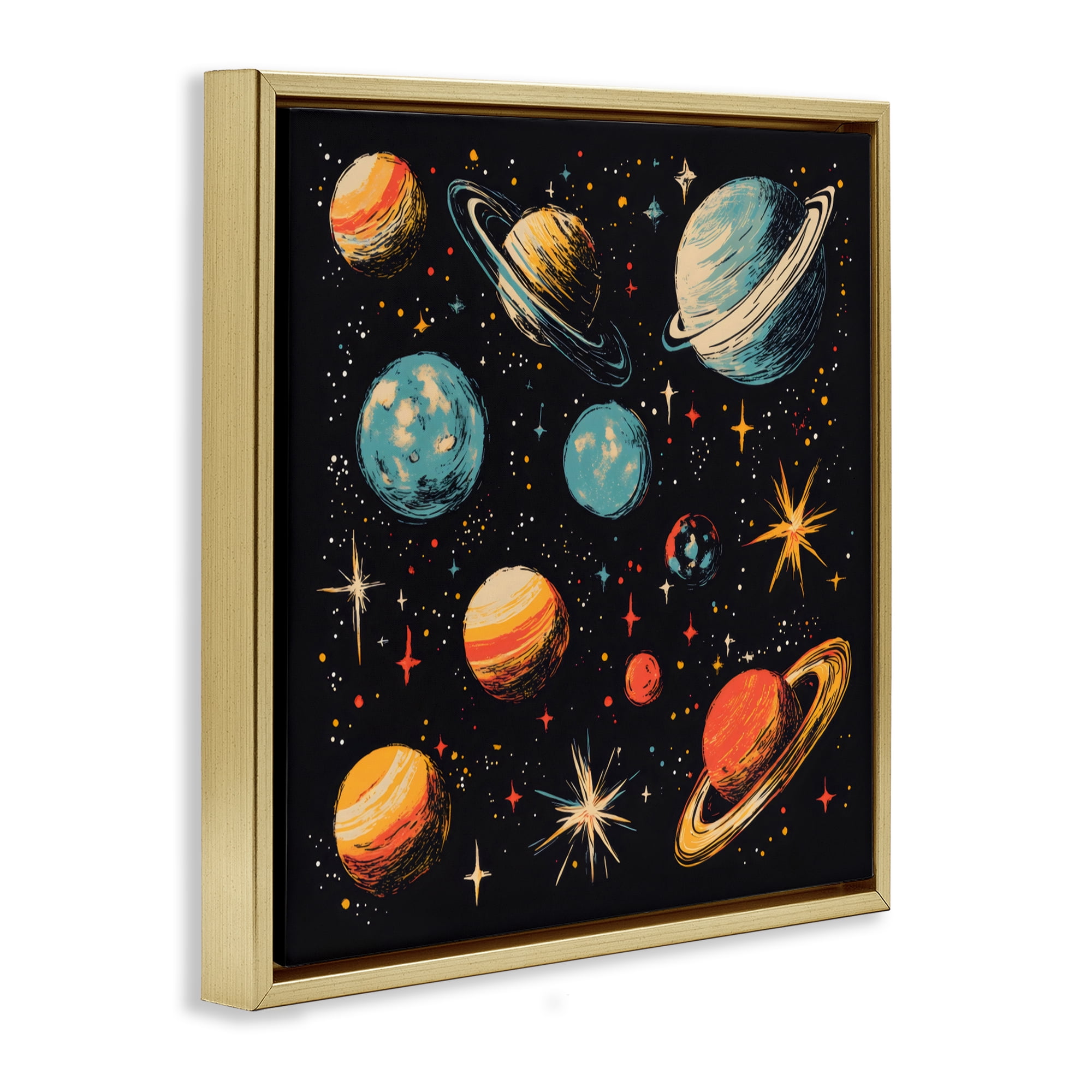 Stupell Industries Colorful Retro Planets Gold Framed Floater Canvas Wall Art, design by Creative Studio