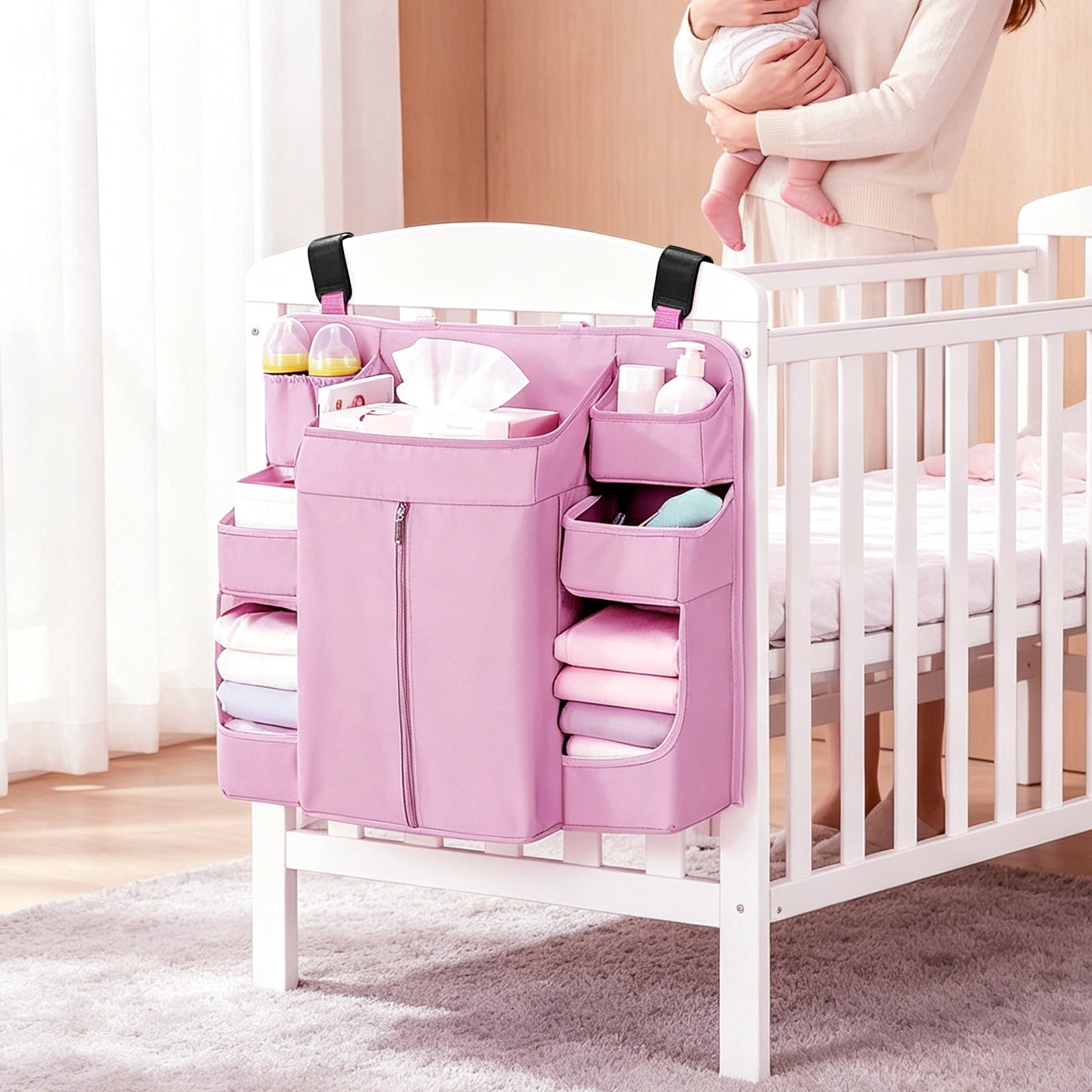 Hanging Crib Organizer with Multi-Pockets, Baby Diaper Caddy Storage Bag, Washable Nursery Organizer for Diapers, Bottles, Wipes and Baby Essentials Pink