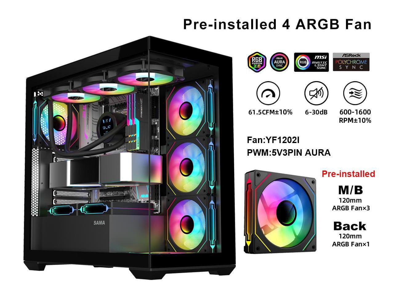 SAMA SV01 Mid Tower ATX Gaming PC Computer Case Black, 4 Addressable RGB Fans Pre-Installed, Tempered Glass Side Panel, Back Plug Motherboard Design