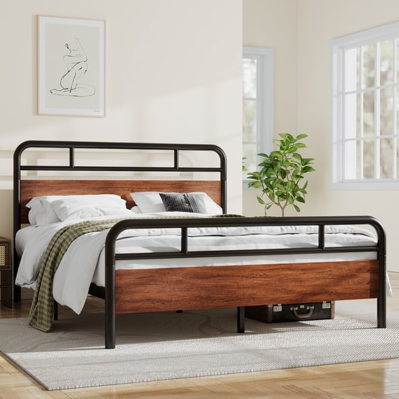 Sha Cerlin Light Brown Full Size Metal Platform Bed Frame with Industrial Heavy Duty Wooden Headboard