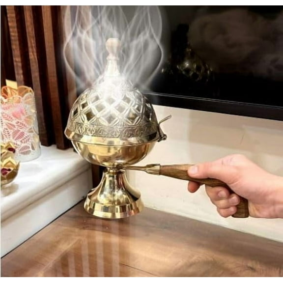 Brass Dhuna Loban Burner with Wooden Handle Dhoop Dani Dhooni Decorative Insence Burner Holder (7 Inch)™