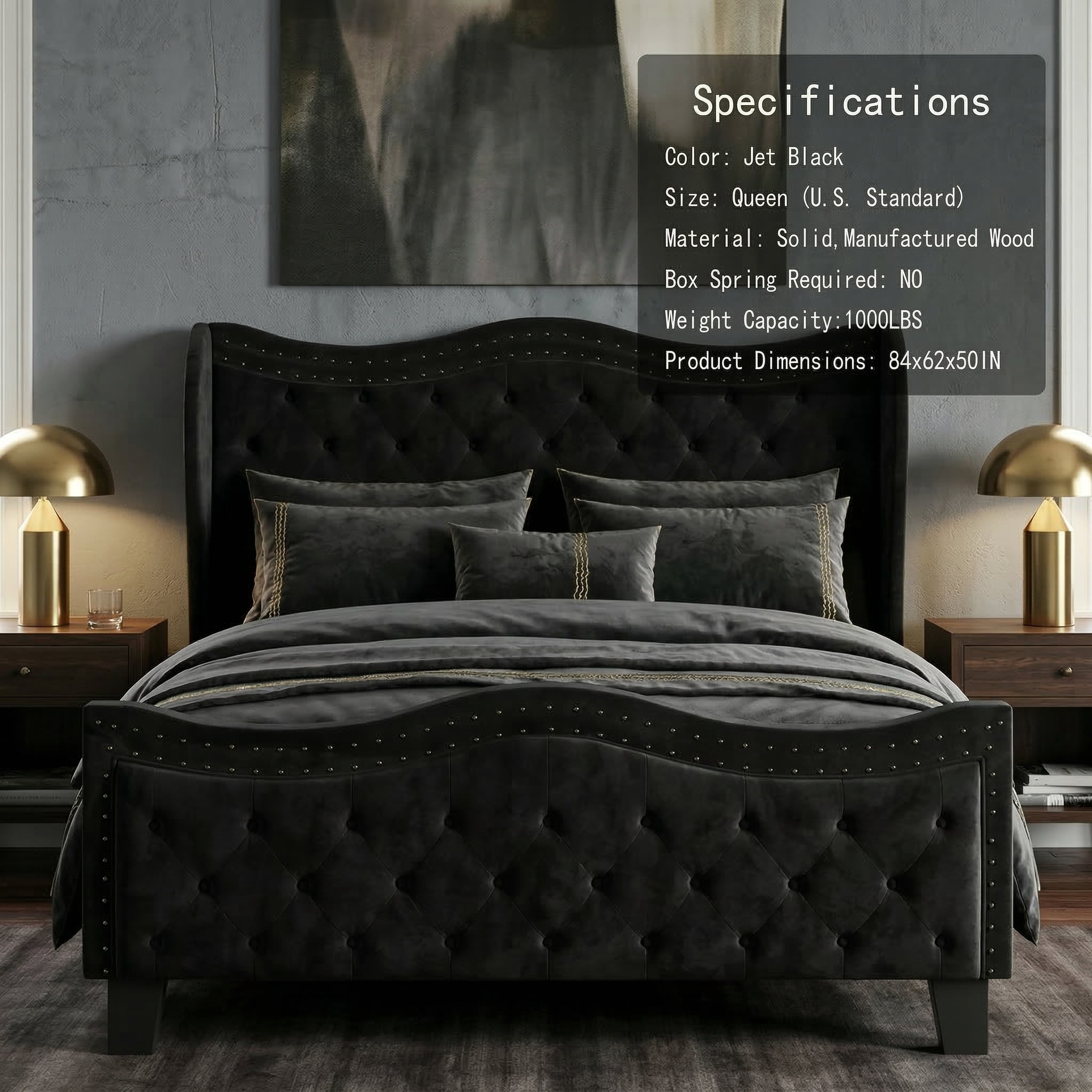 Queen Size Bed Frame with Headboard and Footboard, Upholstered Platform Bed, with 50 Inch Tall Wingback Tufted Headboard, Jet Black Velvet Button Tufted, Sturdy/No Box Spring Needed/Noise Free