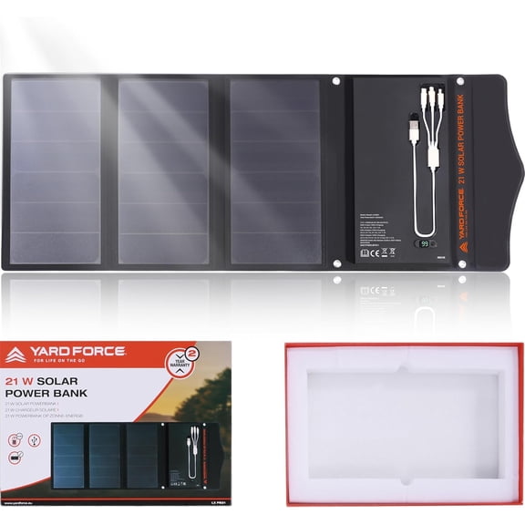 Yard Force [2023 Red Dot Winner] 21W & 13000MAH Solar Charger with Battery, Portale Solar Power Bank Built-in 3 in 1 Charging Cable, Qc 3.0 18w Fast Charging, Compatible with Phone, Android. LX PB21