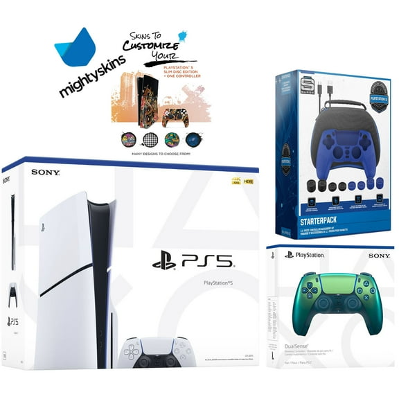 Sony PlayStation 5 Slim Disc with Extra Chroma Teal Controller, Pro Gamer Starter Kit and MightySkins Decal Voucher