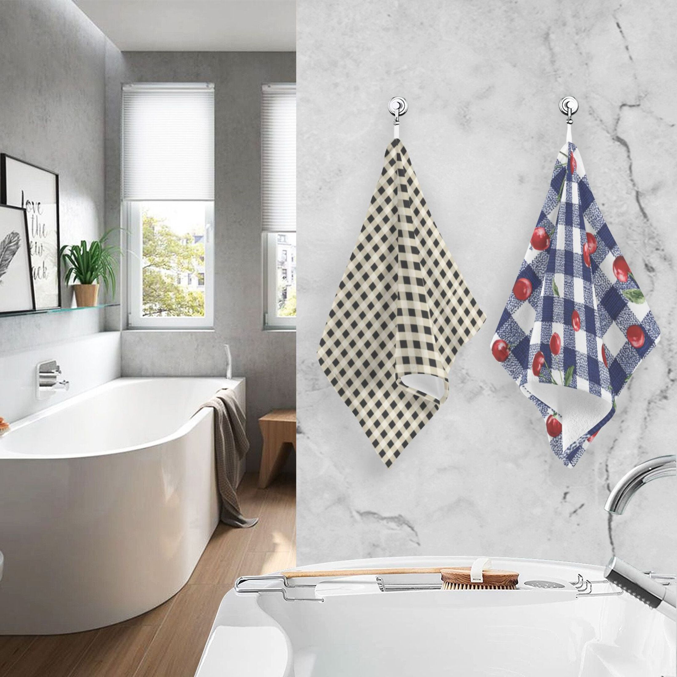 2-Pack Soft 100% Cotton & Highly Absorbent Bath Towel 2 Defferent Pattern Designs Cherry Checkered Tiny Black White Checkered Squares