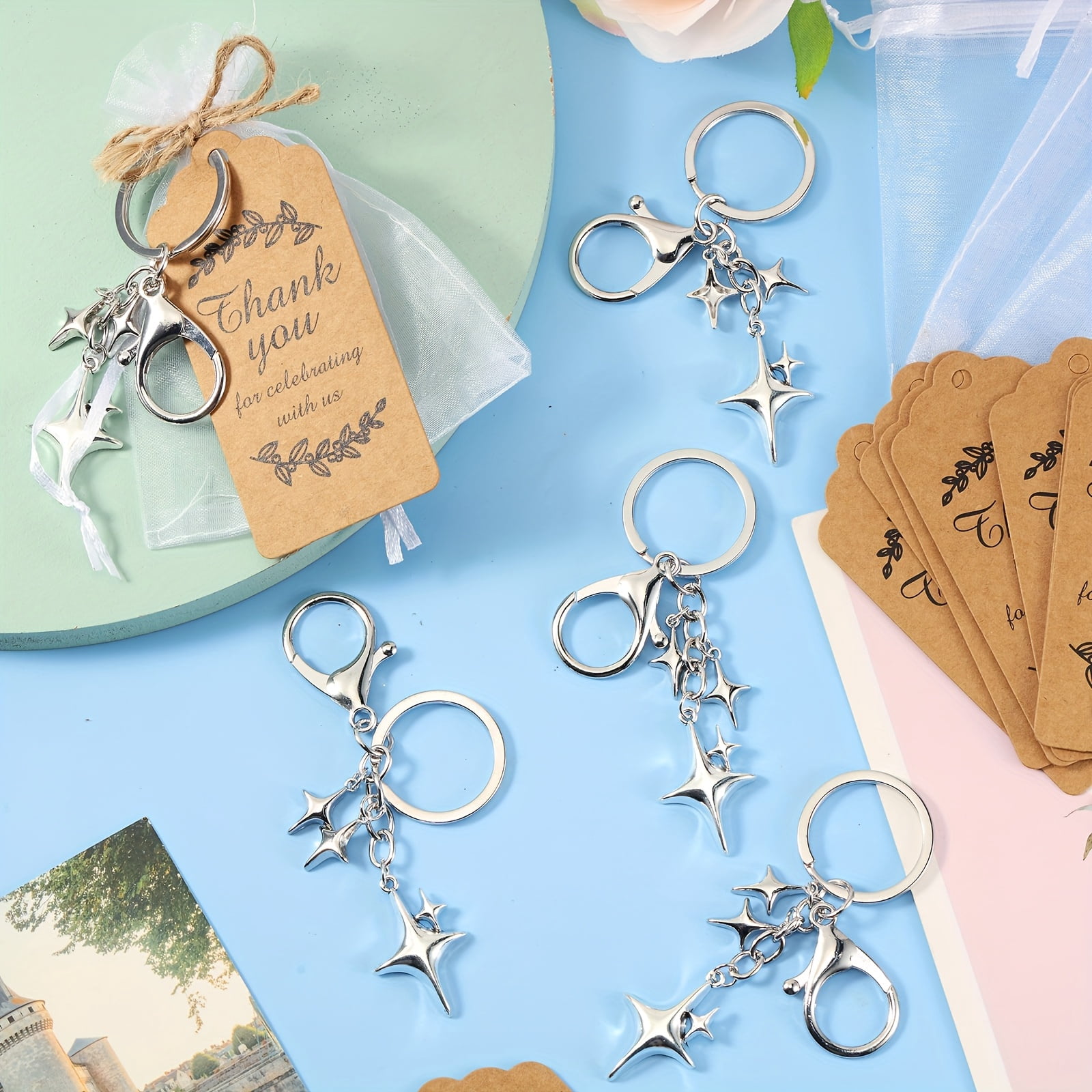 20 Set Christmas & New Year Party Favor Set, Silver Star Keychains with Thank You Tags & Organza Bags, Charm Aesthetic, Holiday Guest Souvenir & Gifts for Baptism, Wedding, Birthday Party, Guest Gift