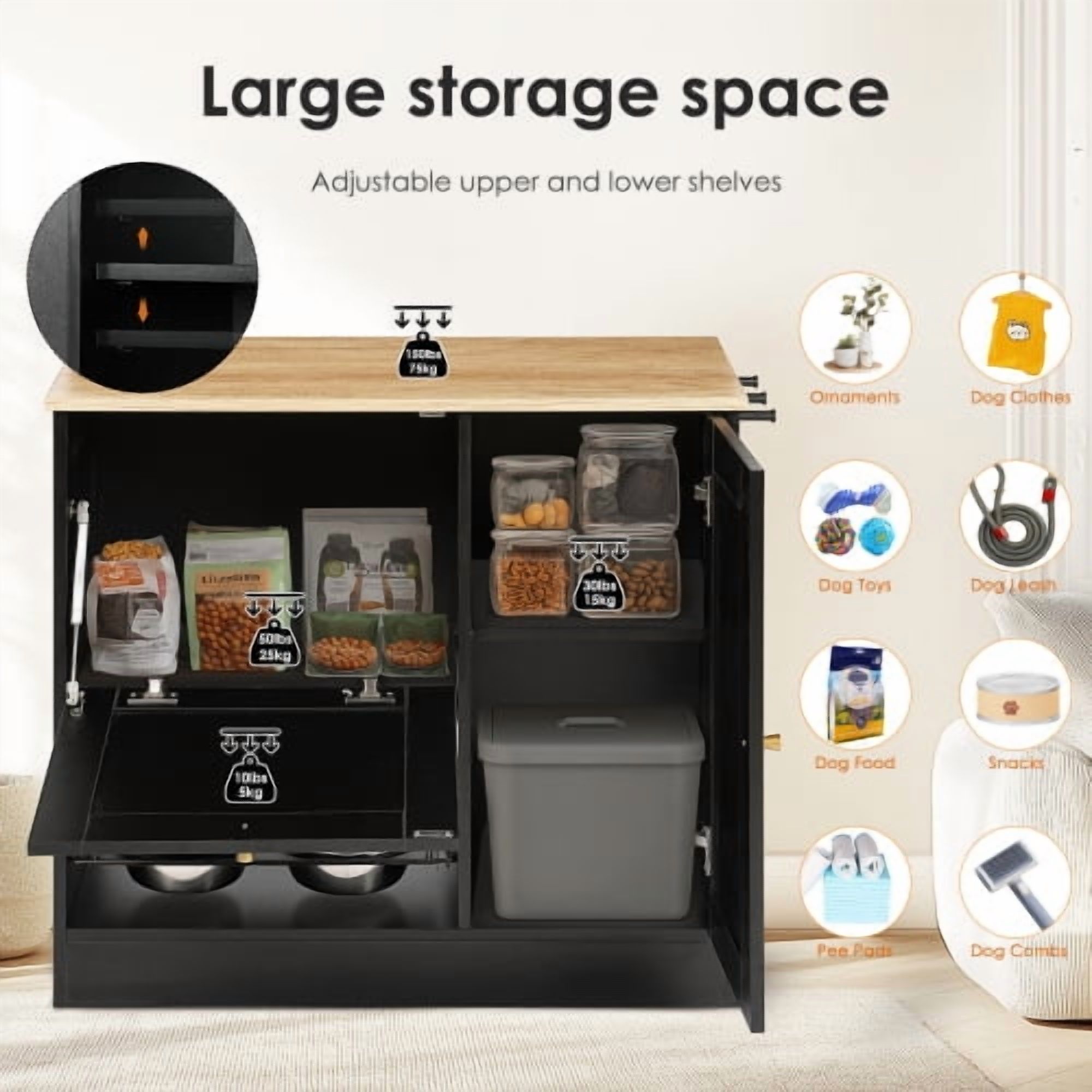 Pet Feeding Station with 2 Lockers and Elevated Dog Bowls Side Hooks Anti-Tipping Kit Rattan Door for Kitchen and Living Room, Black and Vintage