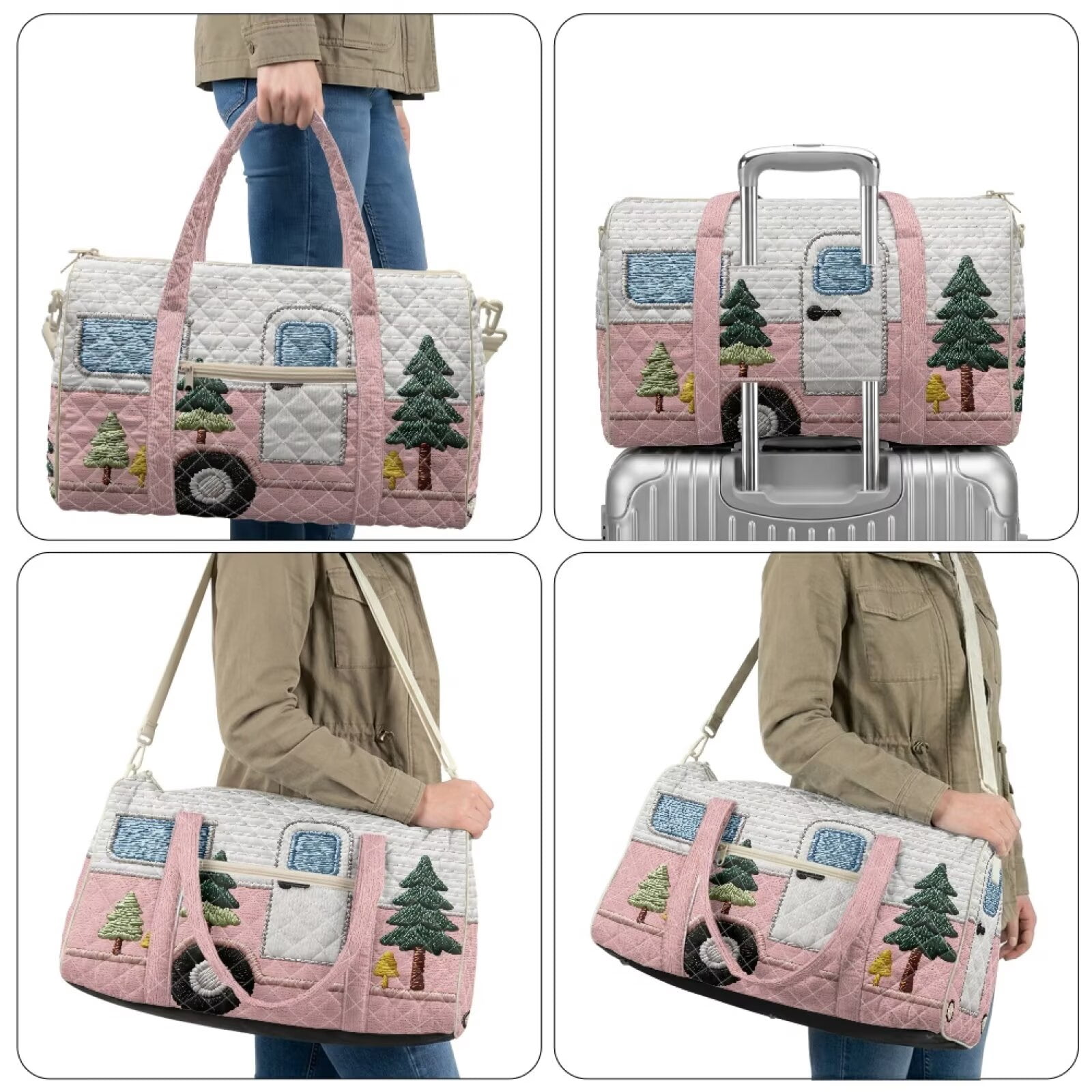 Garronmavis Large Quilted Duffle Bag for Women, Camper Weekender Travel Overnight Bag, Portable Gym Dance Carry On Tote with Luggage Sleeve