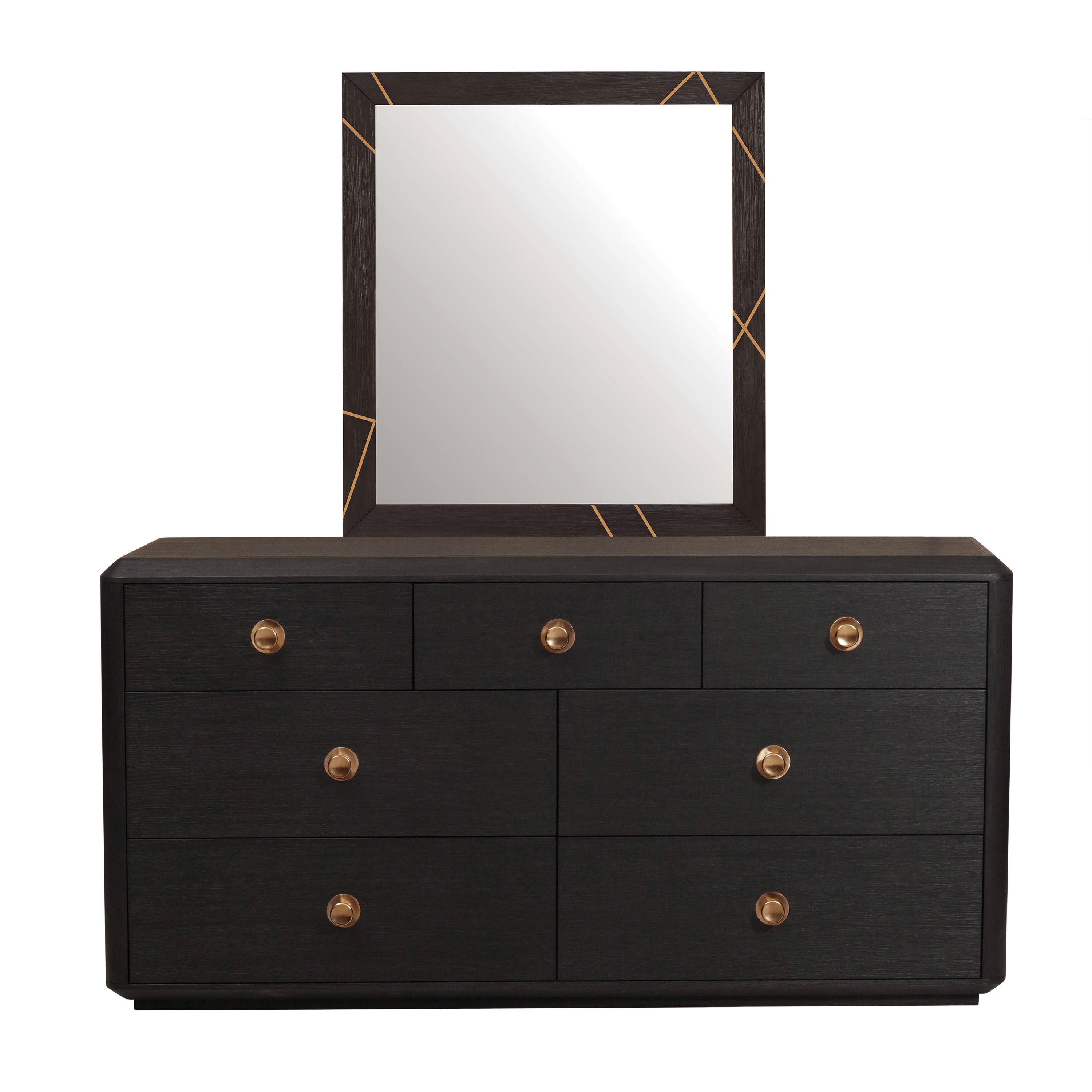 Wood & Metal Inlay Dresser Mirror in Black and Gold