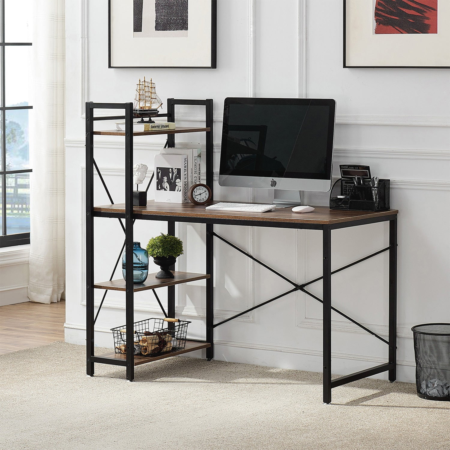 Home Office Laptop Desktop Table for Small Spaces Queiting Modern Home Office Computer PC Desk Writing Table Workstation Wood Bookshelf with Storage Shelf Keyboard Tray