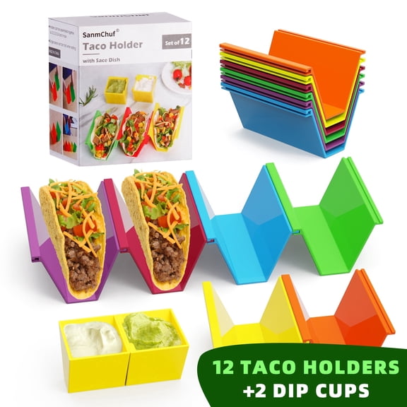 Microwave Safe Taco Holder Set of 12, Colorful Taco Stand with 2 Condiment Dishes,Taco Tray Plates for Taco Bar Gifts & Accessories,Large Plastic Stackble&Convenient Taco Shell Rack,BPA-Free