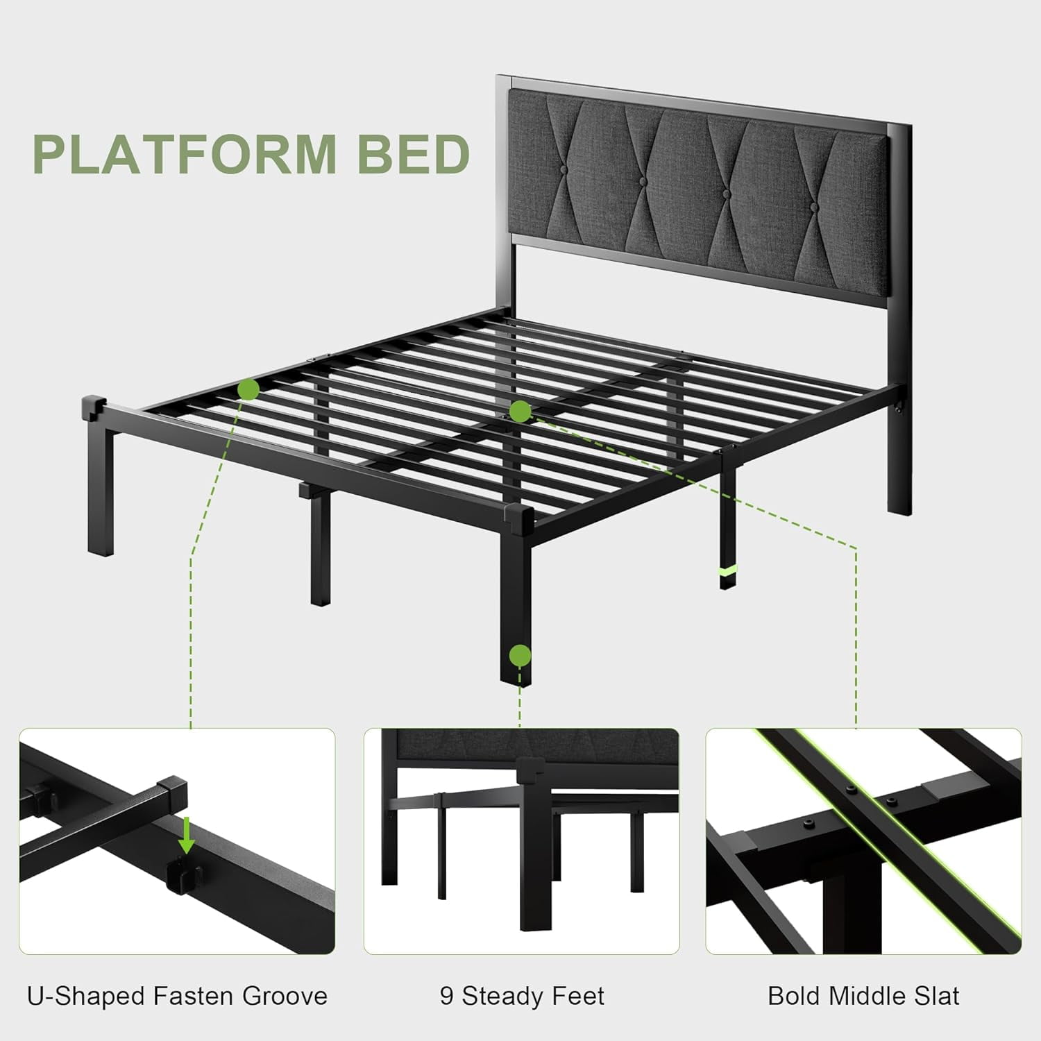 Feonase Queen Size Metal Bed Frame with Fabric Button Tufted Headboard,Heavy Duty Metal Slats, Noise Free, No Box Spring Needed, Dark Grey