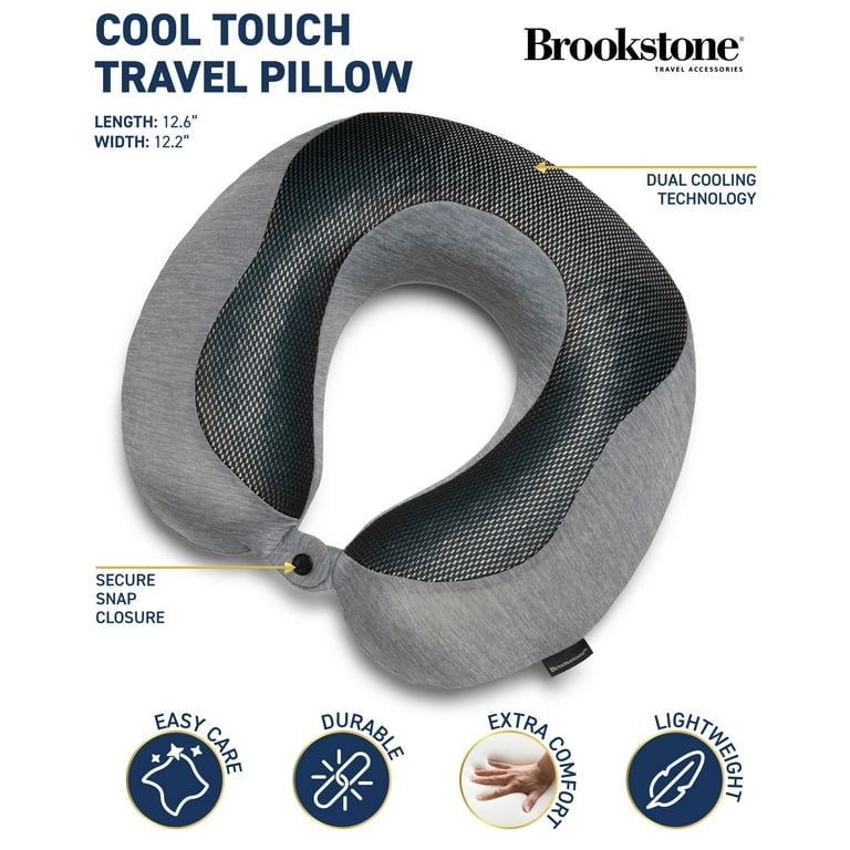 Brookstone Cool Touch Memory Foam Head and Neck Travel Pillow for Vacations Airplanes Trains Buses and Cars