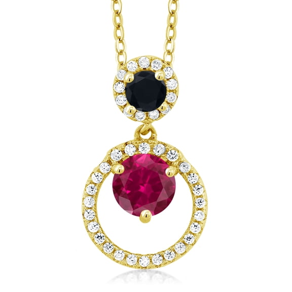 Gem Stone King 18K Yellow Gold Plated Silver Red Created Ruby and Black Onyx Pendant Necklace for Women (1.82 Cttw, Gemstone July Birthstone, Round 6MM and 4MM)