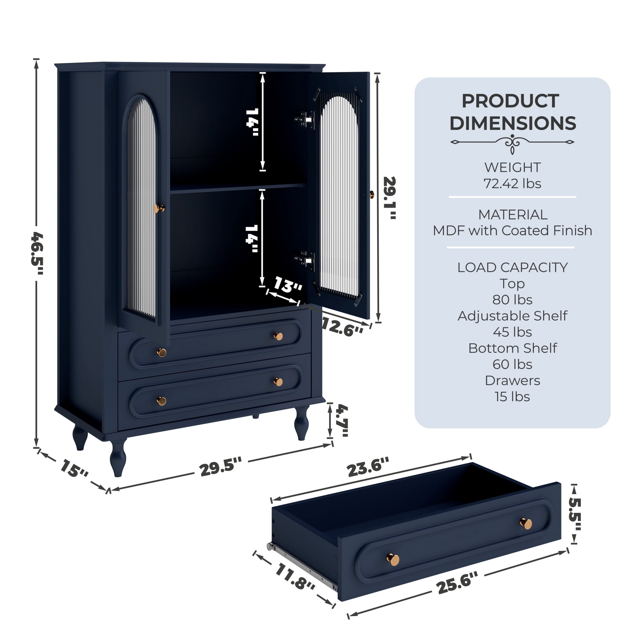 Noble House 46.5" Wooden Glass Display Cabinet with Ribbed Glass Doors, Adjustable Shelf & Storage Drawers, Navy Blue