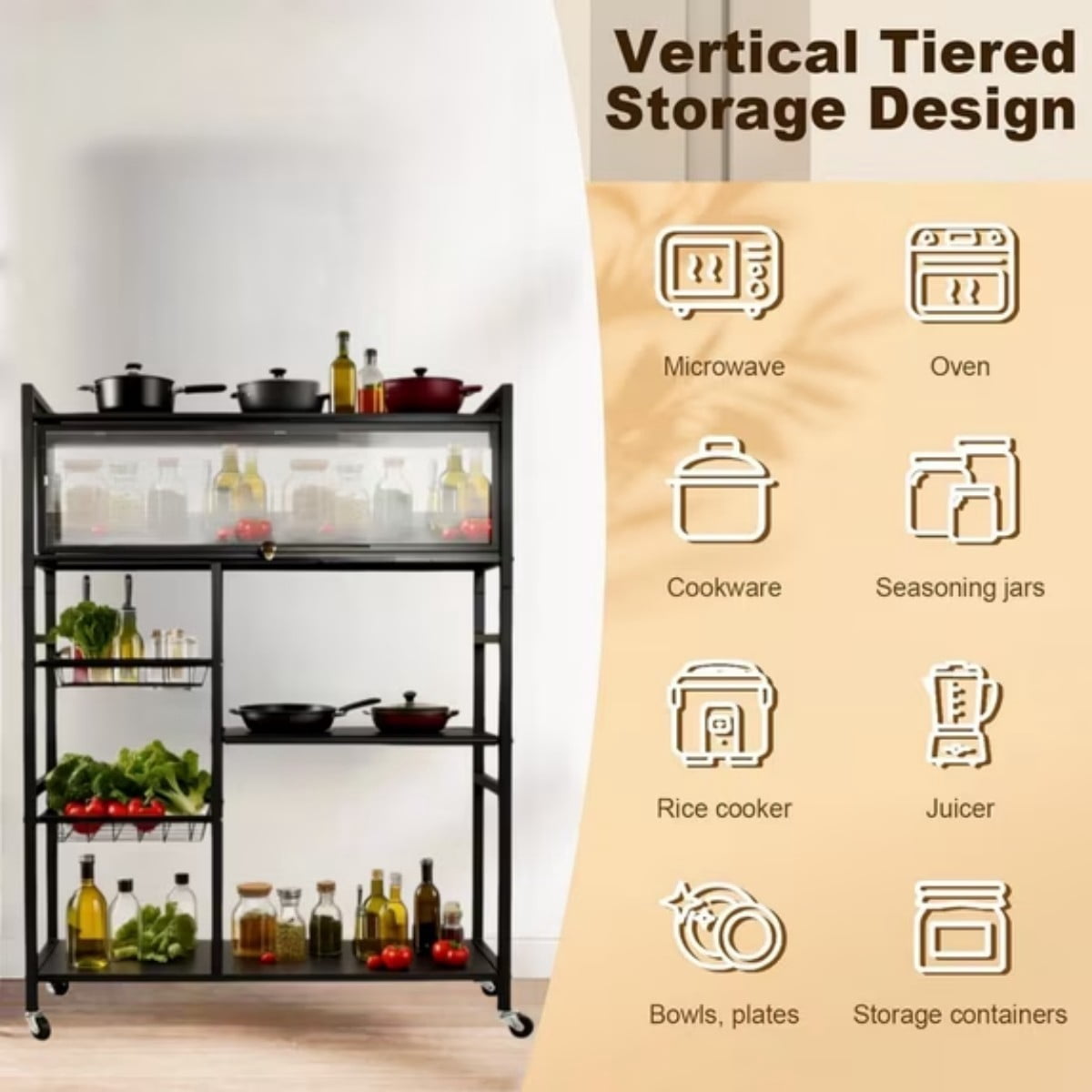 Rolling Kitchen Island, 4-Tier Kitchen Storage Cart with Dust-Proof Cabinet, 2 Removable Mesh Baskets, 360° Wheels, Slim Organizer Rack