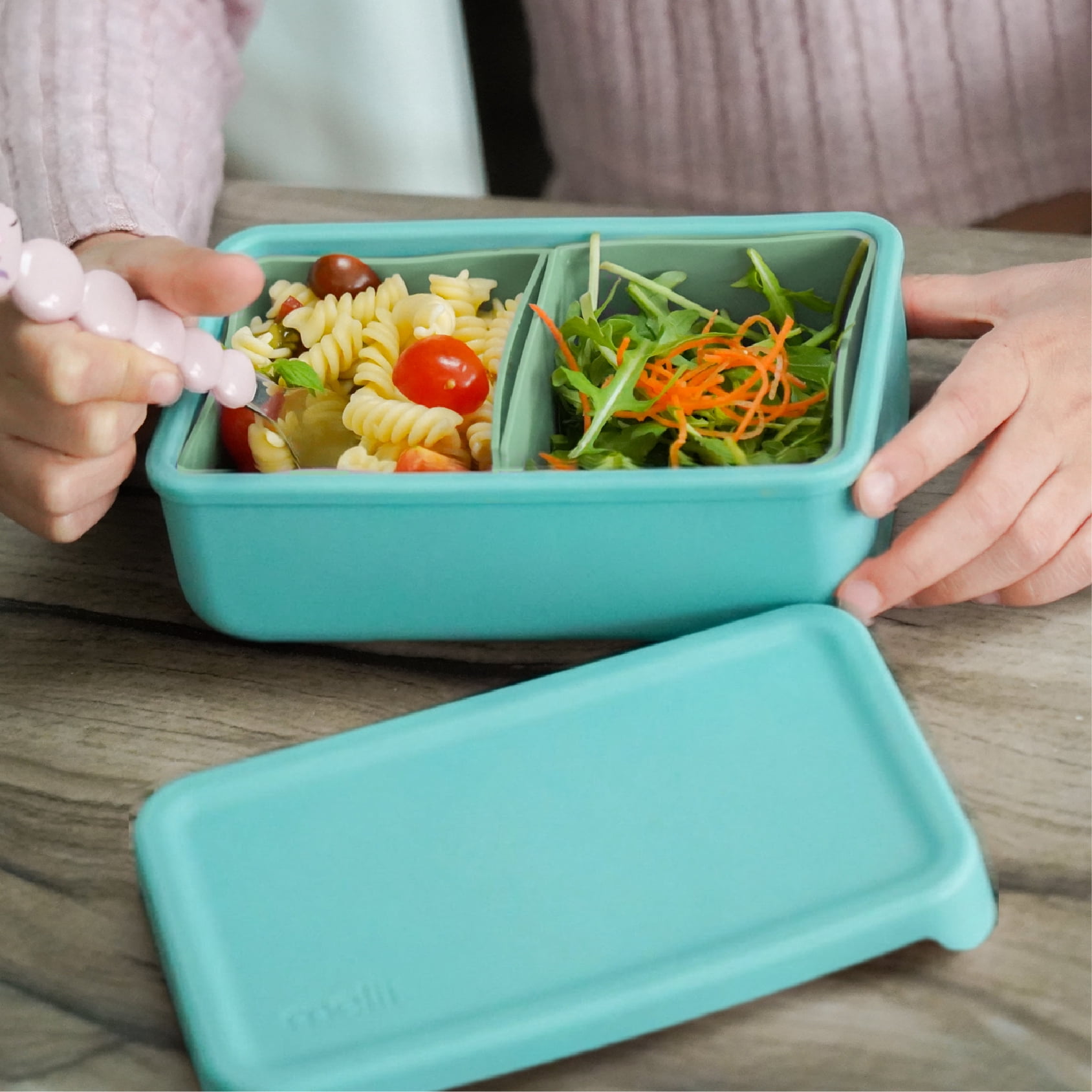 Melii Silicone Bento Box Food Storage Container with Removable Compartments, Blue Mint