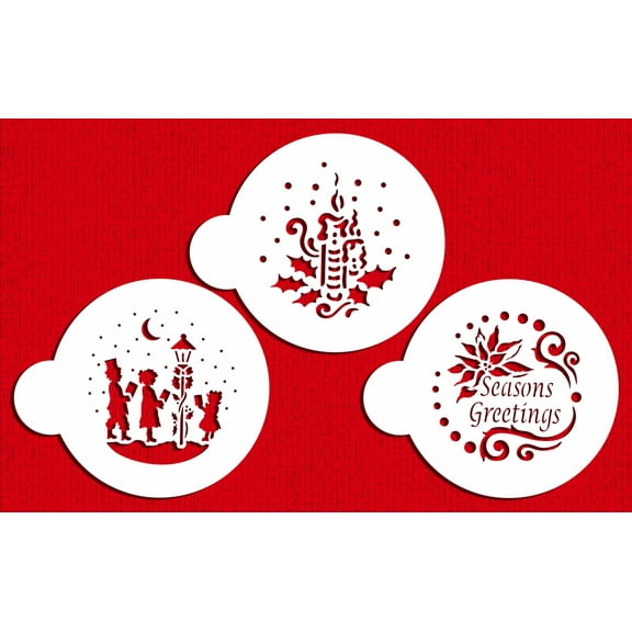 Designer Stencils Seasons Greeting Cookies Stencils, (Seasons Greetings - Carolers - Candle and Holly), Beige/semi-transparent
