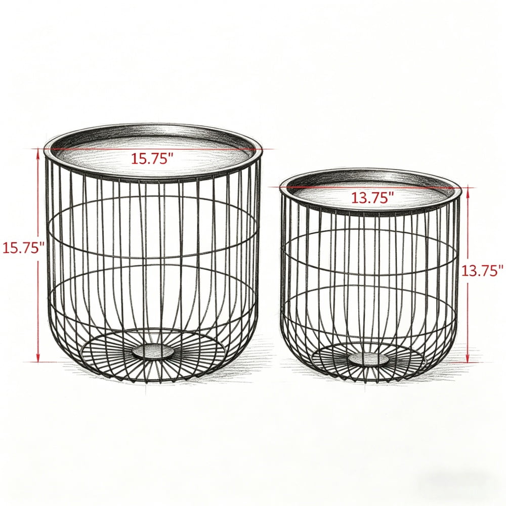 Nesting Side Table Set of 2, Bird-Cage Style Steel End Tables with Hidden Storage Space, Powder-Coated Frame, Space-Saving Accent Storage Tables, Black