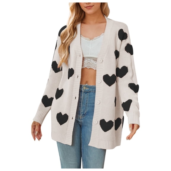 Valentine's Day Heart Knit Cardigan V Neck Button Long Sleeve Mid Length Sweater Coat For Women