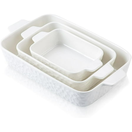 QLANS Casserole Dishes for Oven, Ceramic Baking Dishes Set of 3, Baking Pan Casserole Dish Set, Rectangular Lasagna Pan Deep with Handles for Baking, White (14.5''/11''/8.2''),Set of 3